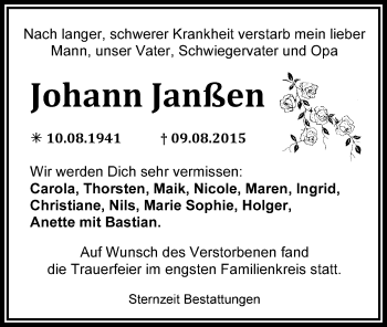Traueranzeige von Johann Janßen von Wilhelmshavener Zeitung