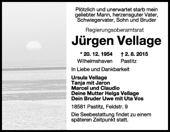 Traueranzeige von Jürgen Vellage von Wilhelmshavener Zeitung