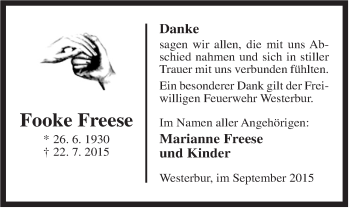 Traueranzeige von Fooke Freese von Rhein-Zeitung