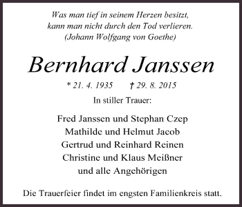 Traueranzeige von Bernhard Janssen von Wilhelmshavener Zeitung