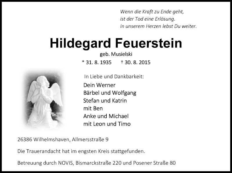  Traueranzeige für Hildegard Feuerstein vom 05.09.2015 aus Wilhelmshavener Zeitung