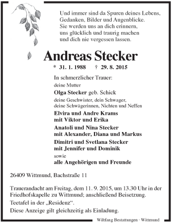 Traueranzeige von Andreas Stecker von Rhein-Zeitung