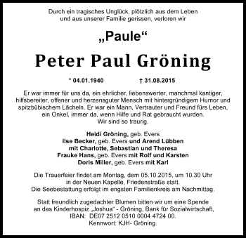 Traueranzeigen von Peter Paul Gröning nordwesttrauer.de