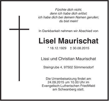 Traueranzeige von Lisel Maurischat von Jeversches Wochenblatt