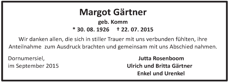  Traueranzeige für Margot Gärtner vom 19.09.2015 aus Rhein-Zeitung