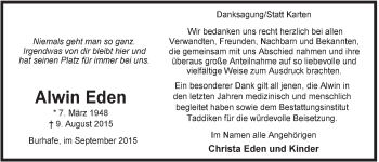 Traueranzeige von Alwin Eden von Rhein-Zeitung