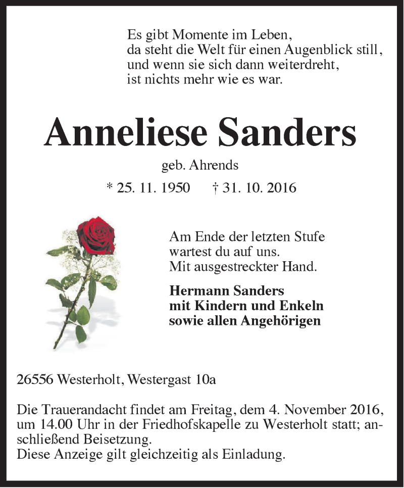  Traueranzeige für Anneliese Sanders vom 02.11.2016 aus Rhein-Zeitung