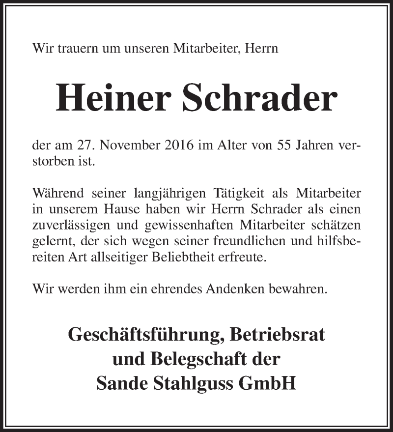  Traueranzeige für Heiner Schrader vom 07.12.2016 aus Rhein-Zeitung