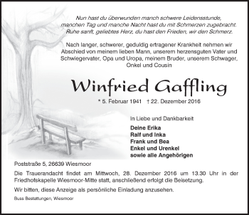 Traueranzeige von Winfried Gaffling von Rhein-Zeitung