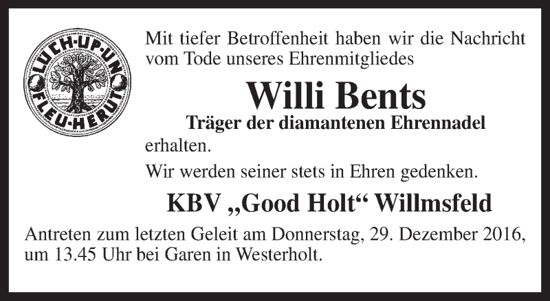  Traueranzeige für Willi Bents vom 28.12.2016 aus Rhein-Zeitung