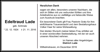 Traueranzeige von Edeltraud Lade von Wilhelmshavener Zeitung