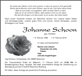 Traueranzeige von Johanne Schoon von Rhein-Zeitung