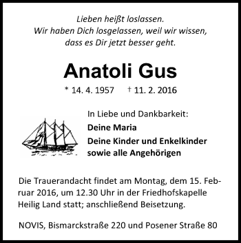 Traueranzeige von Anatoli Gus von Wilhelmshavener Zeitung