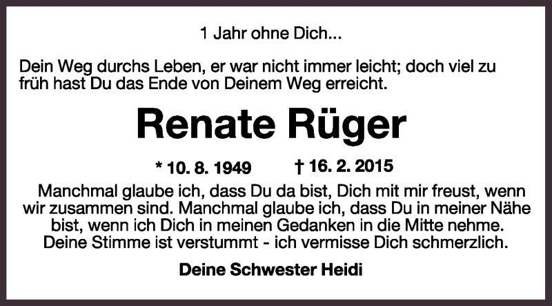  Traueranzeige für Renate Rüger vom 16.02.2016 aus Wilhelmshavener Zeitung