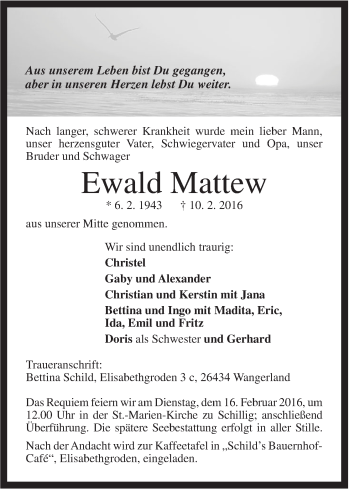 Traueranzeige von Ewald Mattew von Jeversches Wochenblatt