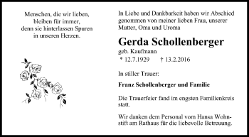 Traueranzeige von Gerda Schollenberger von Wilhelmshavener Zeitung