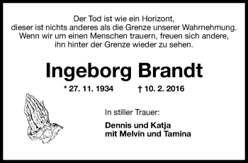 Traueranzeige von Ingeborg Brandt von Wilhelmshavener Zeitung