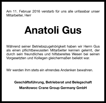 Traueranzeige von Anatoli Gus von Wilhelmshavener Zeitung