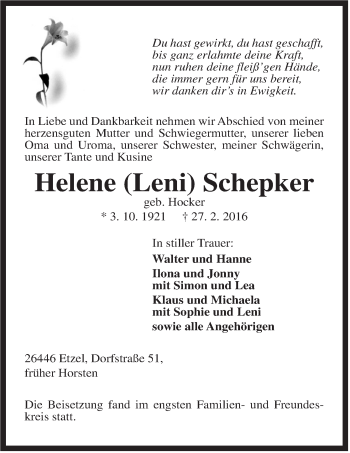 Traueranzeige von Helene Schepker von Rhein-Zeitung