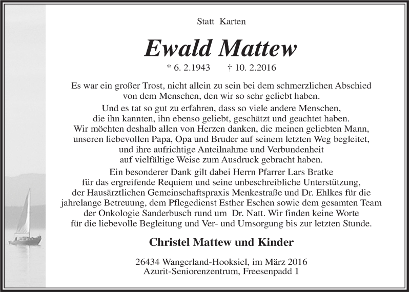  Traueranzeige für Ewald Mattew vom 05.03.2016 aus Jeversches Wochenblatt