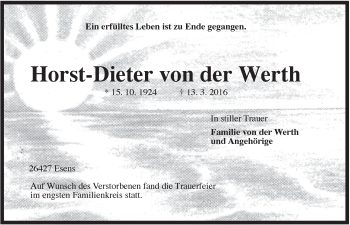 Traueranzeige von Horst-Dieter von der Werth von Rhein-Zeitung