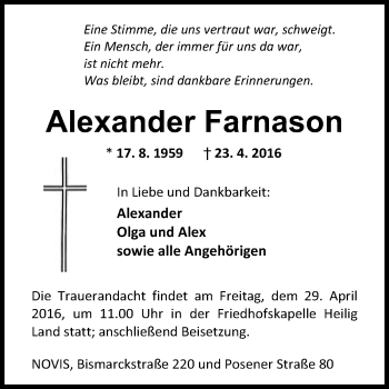 Traueranzeige von Alexander Farnason von Wilhelmshavener Zeitung