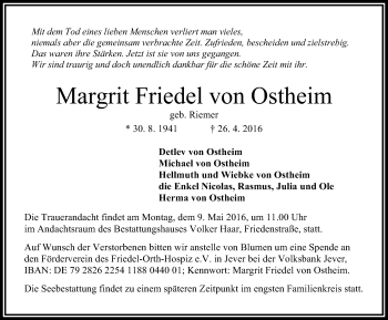 Traueranzeige von Margrit Friedel von Ostheim von Wilhelmshavener Zeitung