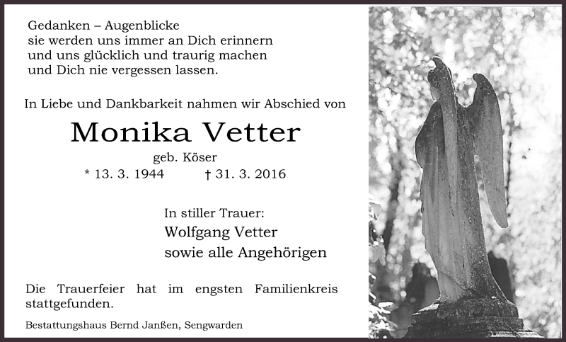 Traueranzeige für Monika Vetter vom 09.04.2016 aus Wilhelmshavener Zeitung