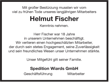 Traueranzeige von Helmut Fischer von Rhein-Zeitung