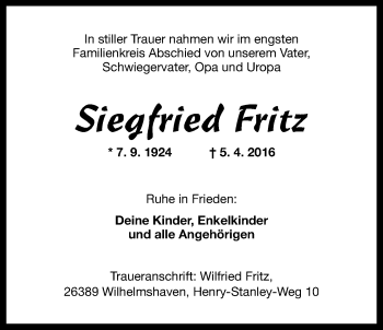 Traueranzeige von Siegfried Fritz von Wilhelmshavener Zeitung