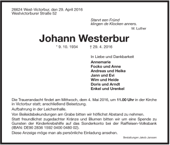 Traueranzeige von Johann Westerbur von Rhein-Zeitung