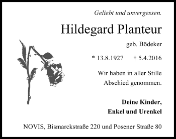 Traueranzeige von Hildegard Planteur von Wilhelmshavener Zeitung