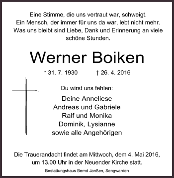 Traueranzeige von Werner Boiken von Wilhelmshavener Zeitung
