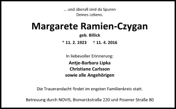 Traueranzeige von Margarete Ramien-Czyga von Wilhelmshavener Zeitung