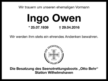 Traueranzeige von Ingo Owen von Wilhelmshavener Zeitung