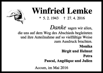 Traueranzeige von Winfried Lemke von Wilhelmshavener Zeitung