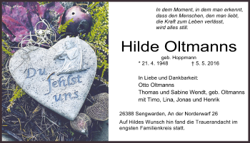 Traueranzeige von Hilde Oltmanns von Wilhelmshavener Zeitung