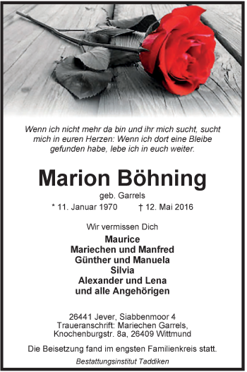 Traueranzeige von Marion Böhning von Rhein-Zeitung