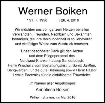 Traueranzeige von Werner Boiken von Wilhelmshavener Zeitung