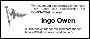 Traueranzeige von Ingo Owen von Wilhelmshavener Zeitung