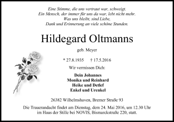 Traueranzeige von Hildegard Oltmanns von Wilhelmshavener Zeitung