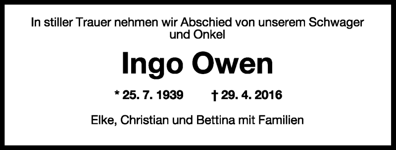  Traueranzeige für Ingo Owen vom 07.05.2016 aus Wilhelmshavener Zeitung