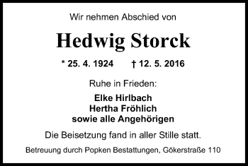Traueranzeige von Hedwig Storck von Wilhelmshavener Zeitung