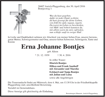 Traueranzeige von Erna Johanne Bontjes von Rhein-Zeitung