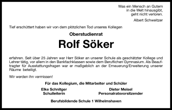 Traueranzeige von Rolf Söker von Wilhelmshavener Zeitung