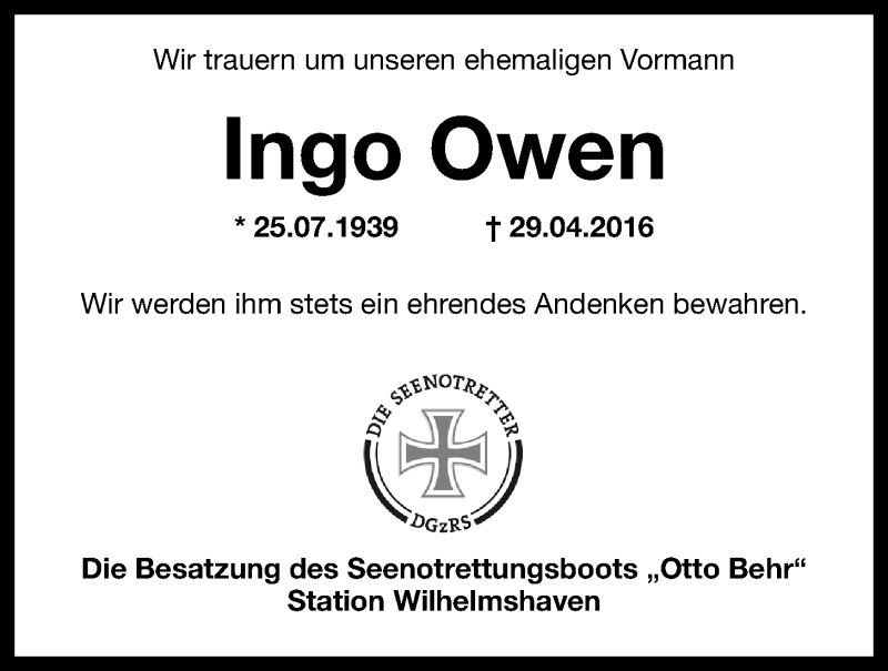  Traueranzeige für Ingo Owen vom 07.05.2016 aus Wilhelmshavener Zeitung