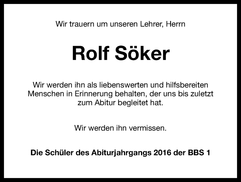  Traueranzeige für Rolf Söker vom 12.05.2016 aus Wilhelmshavener Zeitung