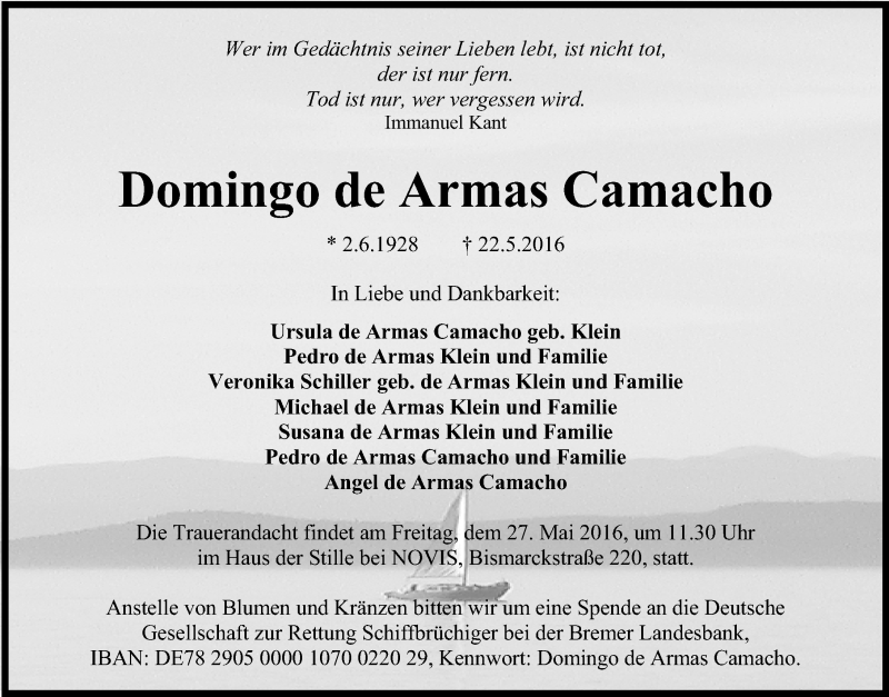  Traueranzeige für Domingo de Armas Camacho vom 25.05.2016 aus Wilhelmshavener Zeitung