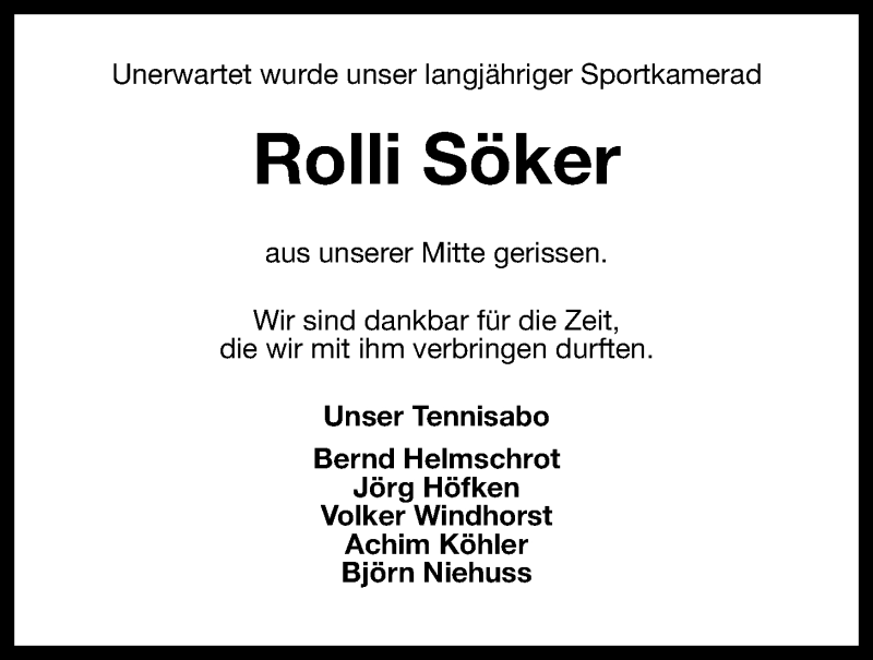  Traueranzeige für Rolf Söker vom 11.05.2016 aus Wilhelmshavener Zeitung
