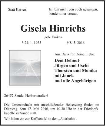 Traueranzeige von Gisela Hinrichs von Jeversches Wochenblatt